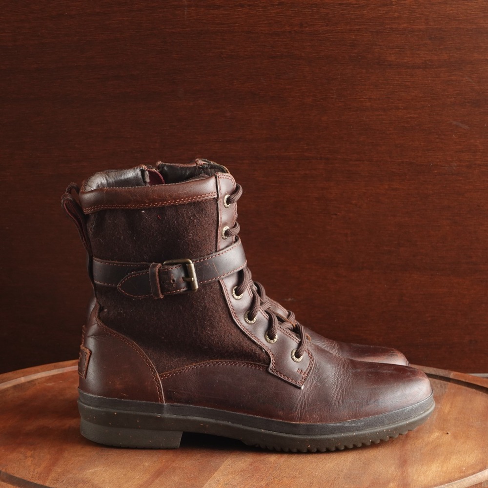 UGG Boots Womens SZ 8.5 Brown Kesey Leather Wool Waterproof Moto Outdoor Winter